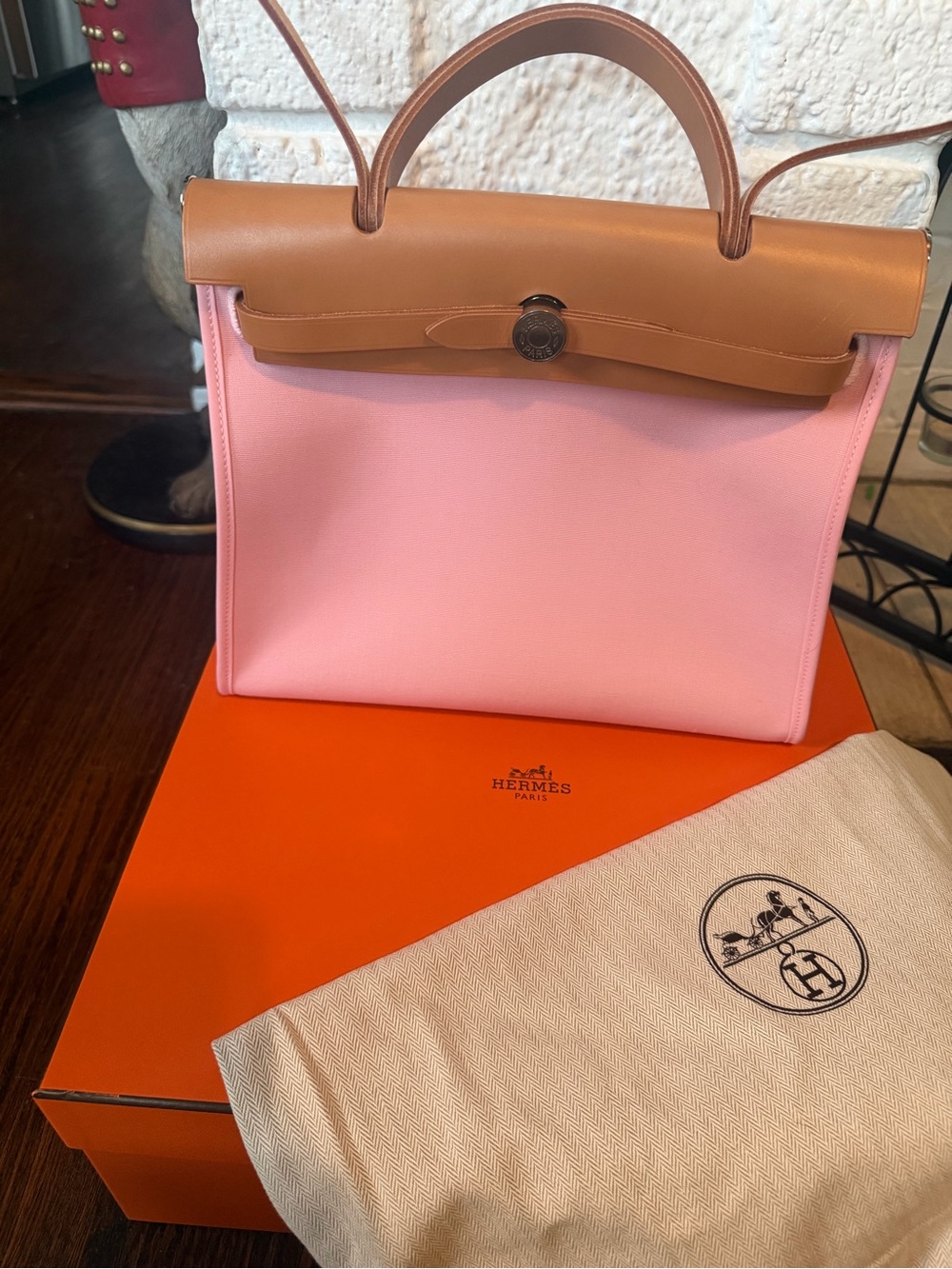 BRAND NEW! Hermès Herbag Zip PM two-way handbag. Pink canvas/brown leather.